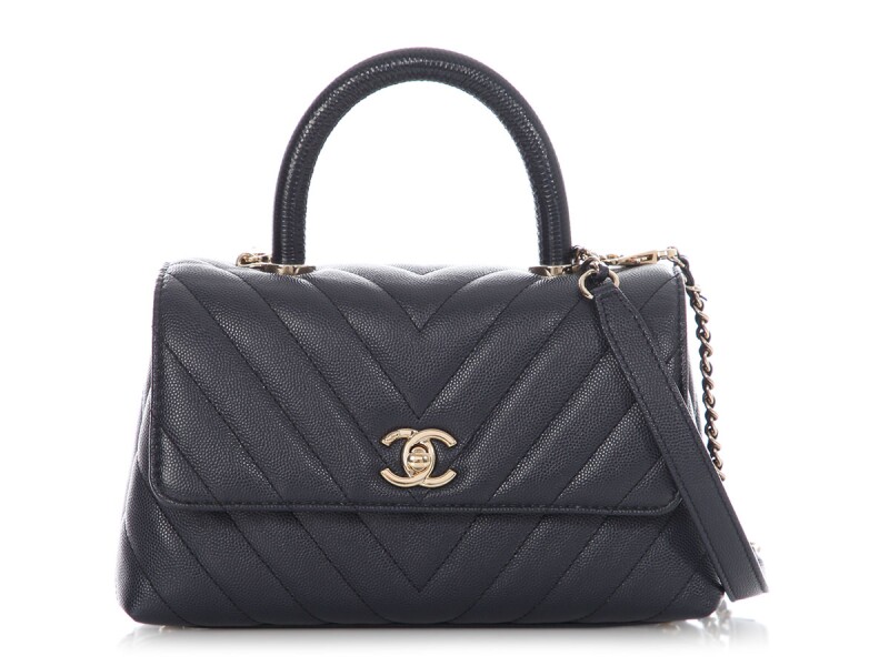 Chanel Mini Coco Top Handle – Navy Chevron Quilted Caviar